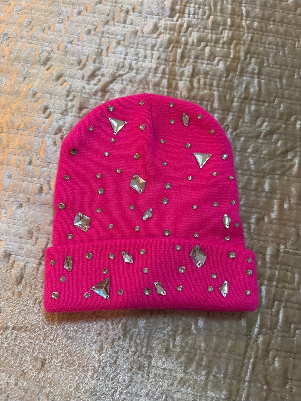 Girls' Hot Pink Beanie Hat with Sparkling Gems